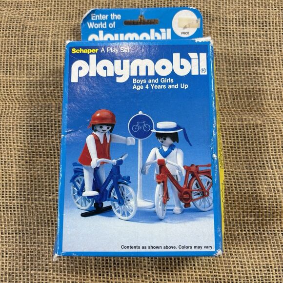 Vintage Playmobil 2 Cyclists 3573 Schaper In Box 1983 Missing Street Sign - Picture 1 of 4